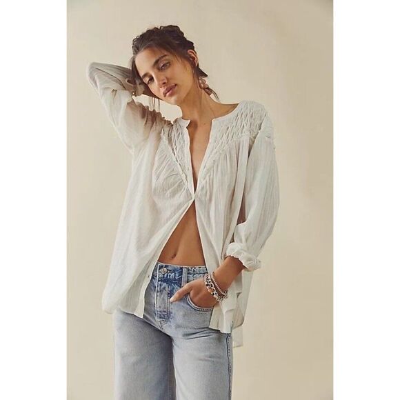 NWT FREE PEOPLE Sz XL MARIGOLD BUTTONDOWN TOP IVORY - Picture 1 of 3